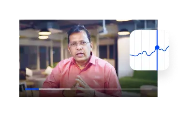 Video hướng dẫn giao dịch trong ứng dụng với người hướng dẫn nói chuyện bên cạnh biểu tượng biểu đồ thị trường chứng khoán.